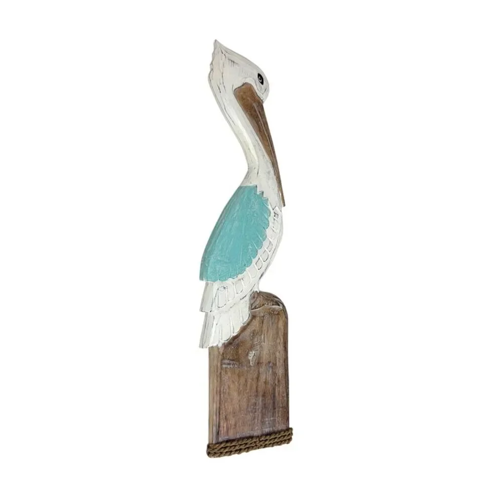 Hand Carved Wood Pelican Wall Plaque Aqua Coastal Rope Accent 24 Inch